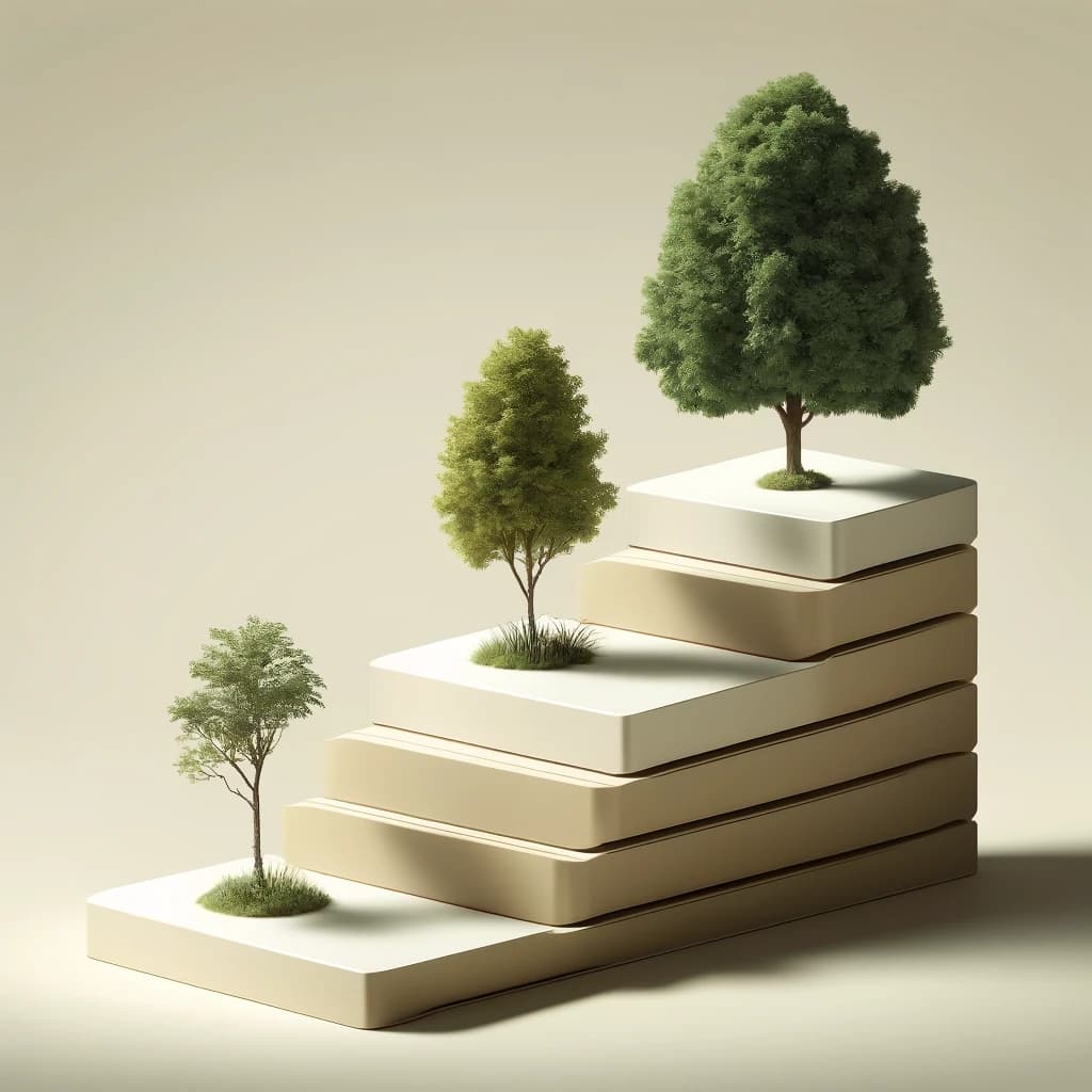 Trees growing in stages on stacked platforms